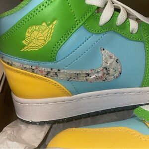 Jordan Kids High-Top Sneakers in Blue, Green & Yellow with Speckled Swoosh